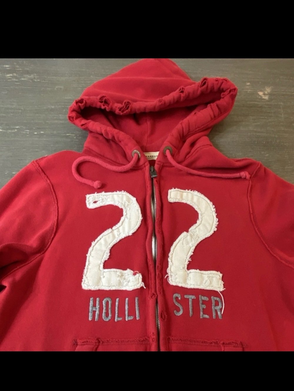 Hollister Red Zip-Up Distressed Hoodie with White '22' Applique